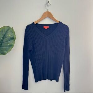 DALIA | Navy Blue Cable Knit V-Neck Sweater Size Large